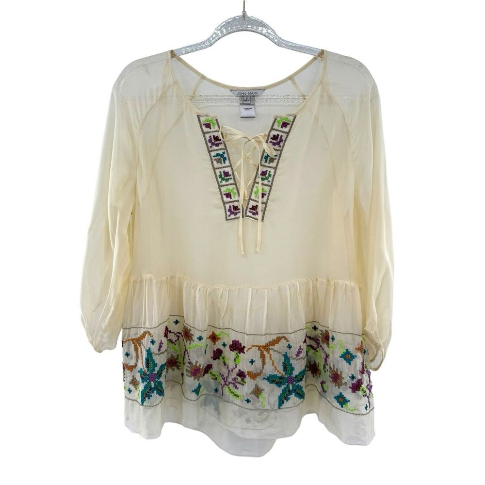 John Mark‎ Tunic Womens S Ivory Sheer Silk Crosstitch Lace Up Boho
